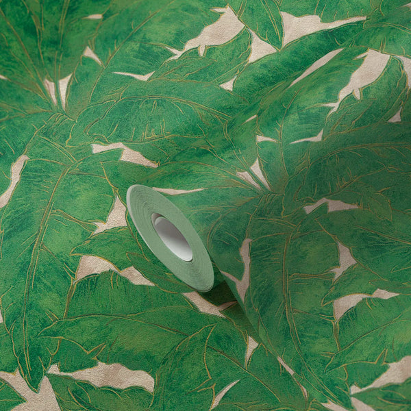 Sample – Tropical Escape - Metallic Wallpaper - Green/Beige