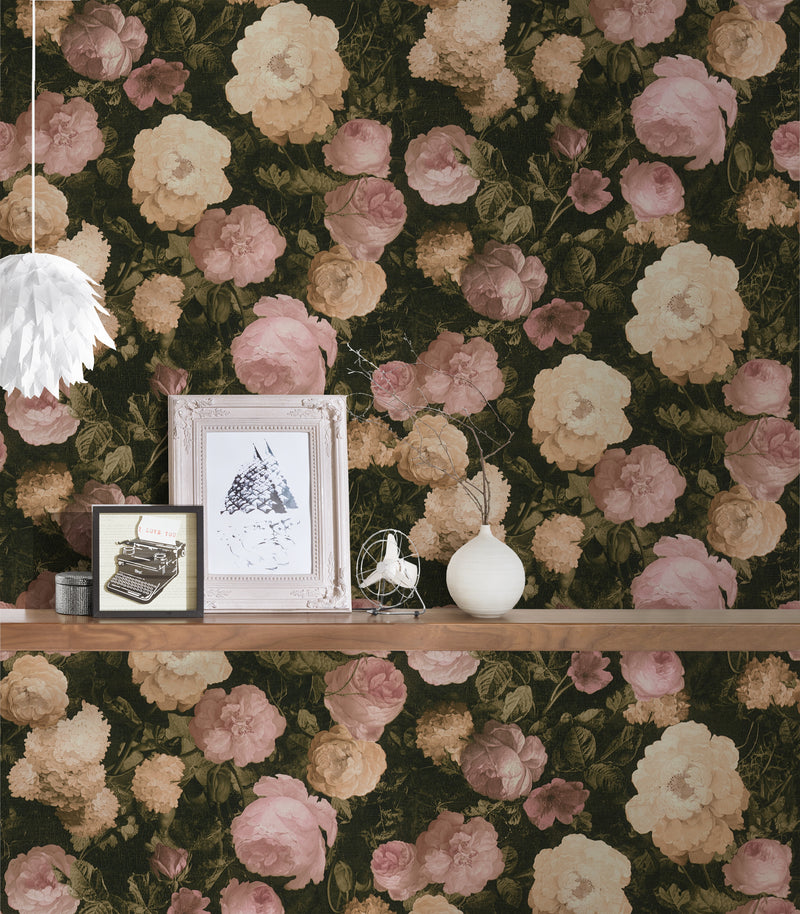 Oil Painting Bouquet Floral Wallpaper - Pink & Cream