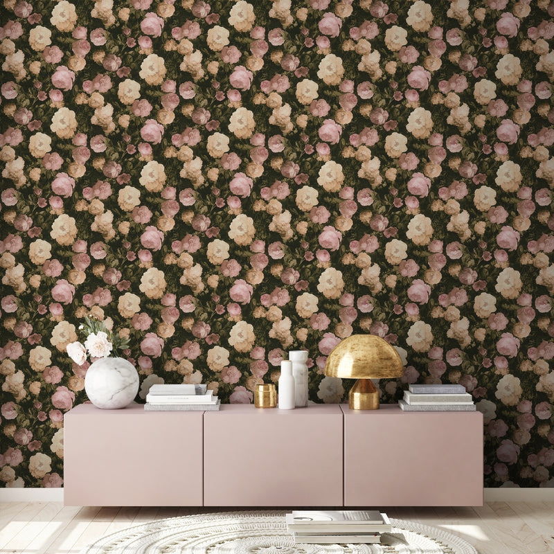 Oil Painting Bouquet Floral Wallpaper - Pink & Cream