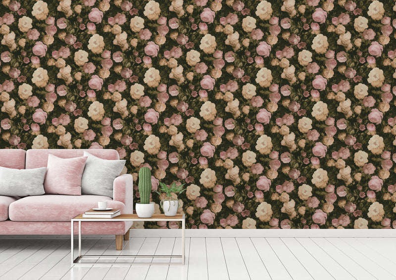 Oil Painting Bouquet Floral Wallpaper - Pink & Cream