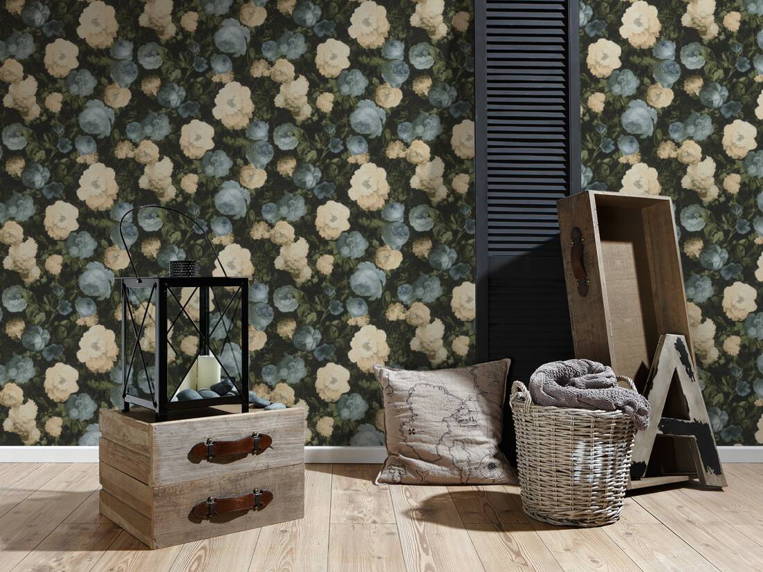Oil Painting Bouquet Floral Wallpaper - Blue & Cream - Discontinuing