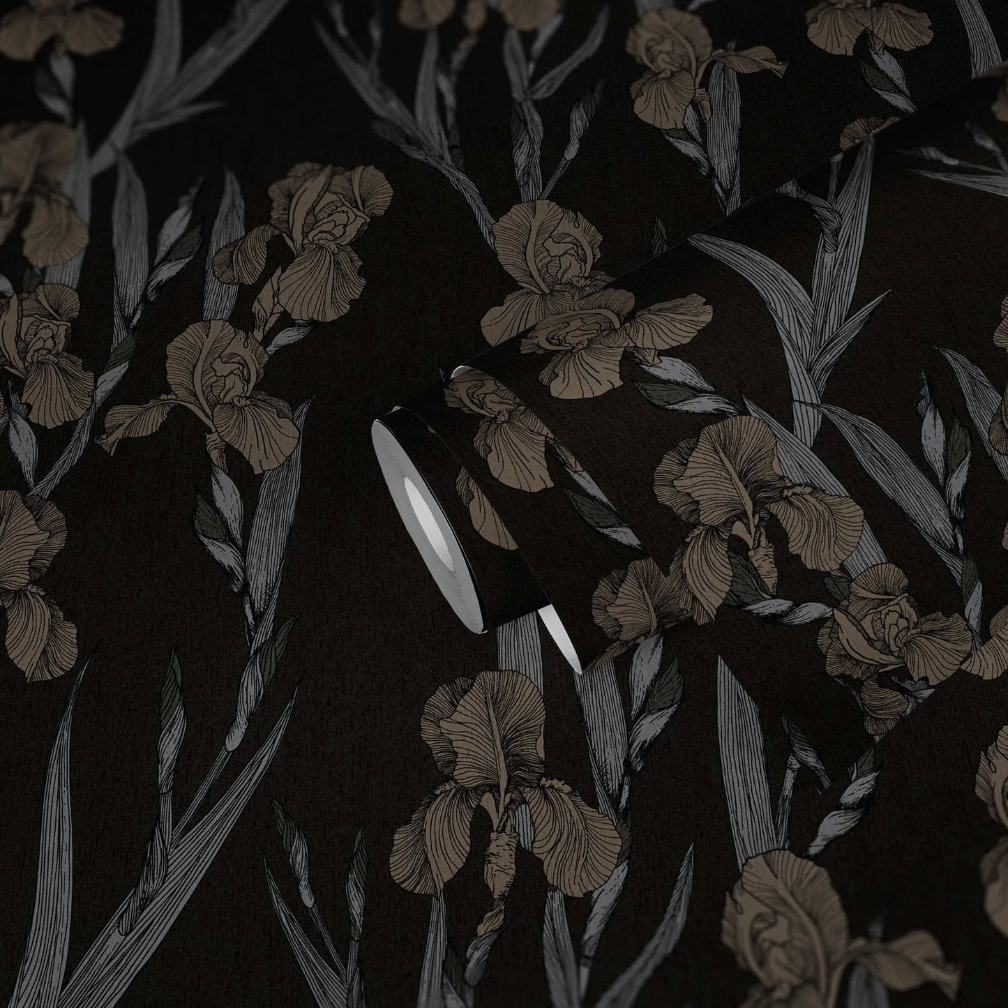 Iris Floral - Textured Vinyl Wallpaper - Black Taupe