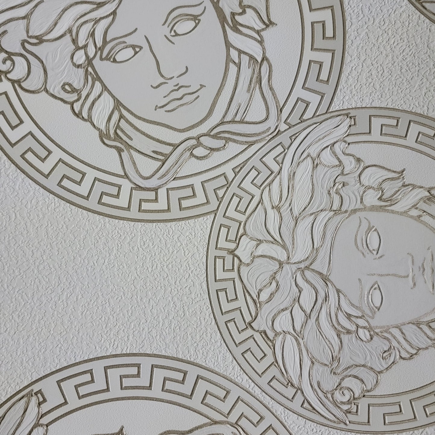 Medusa Plates Metallic Wallpaper (Versace 3 Collection) - White & Gold