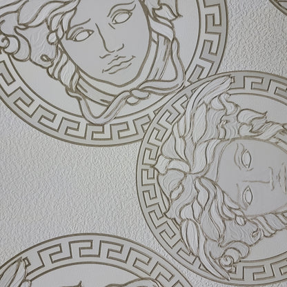Medusa Plates Metallic Wallpaper (Versace 3 Collection) - White & Gold