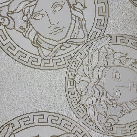 Medusa Plates Metallic Wallpaper (Versace 3 Collection) - White & Gold
