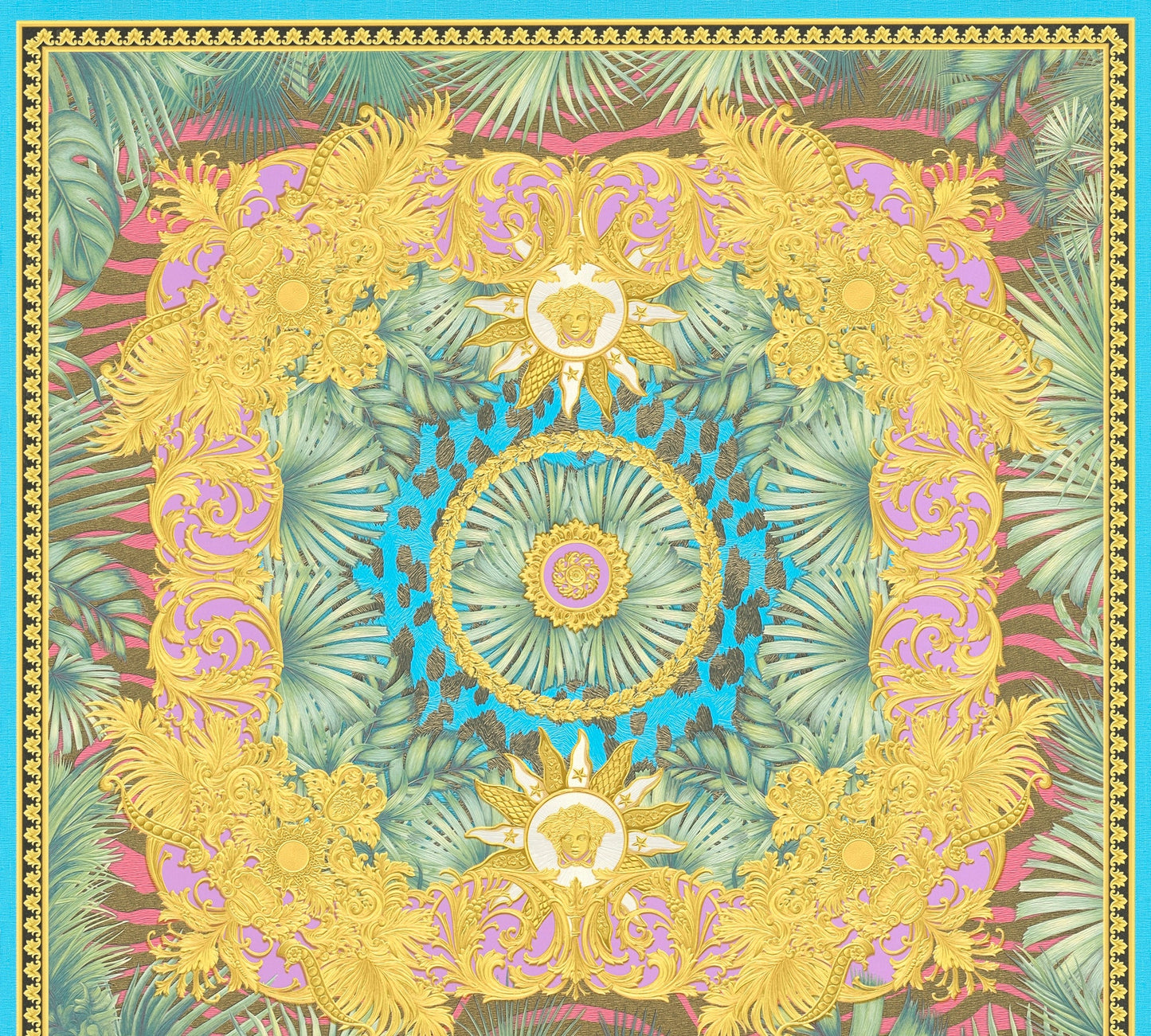 Sample - Versace Jungle Tile Wallpaper - Blue Gold Pink