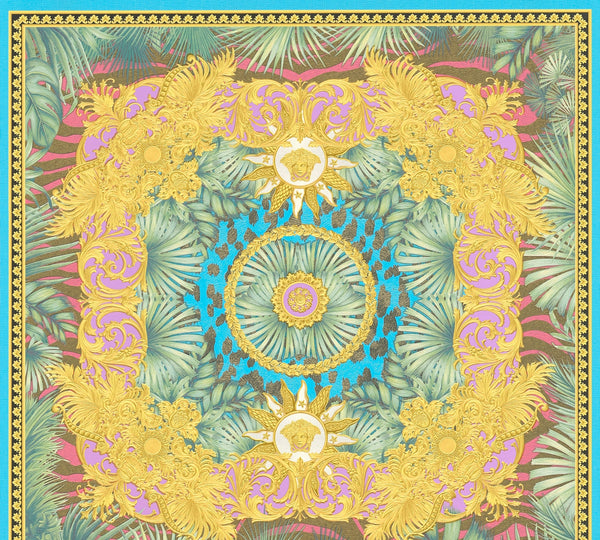 Sample - Versace Jungle Tile Wallpaper - Blue Gold Pink