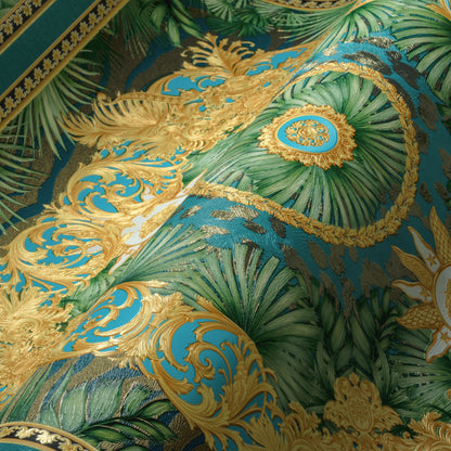 Versace Jungle Tile Wallpaper - Blue Gold Green