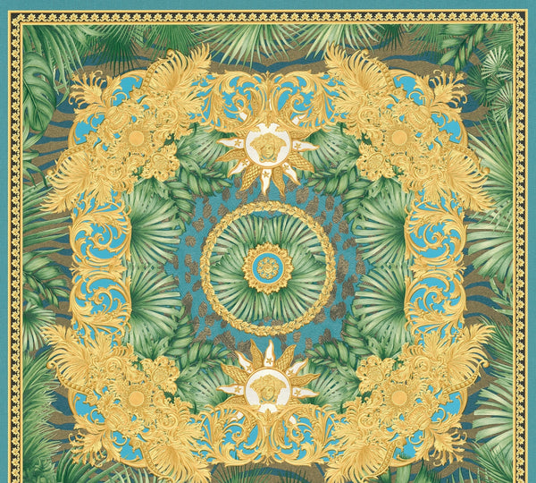 Sample - Versace Jungle Tile Wallpaper - Blue Gold Green