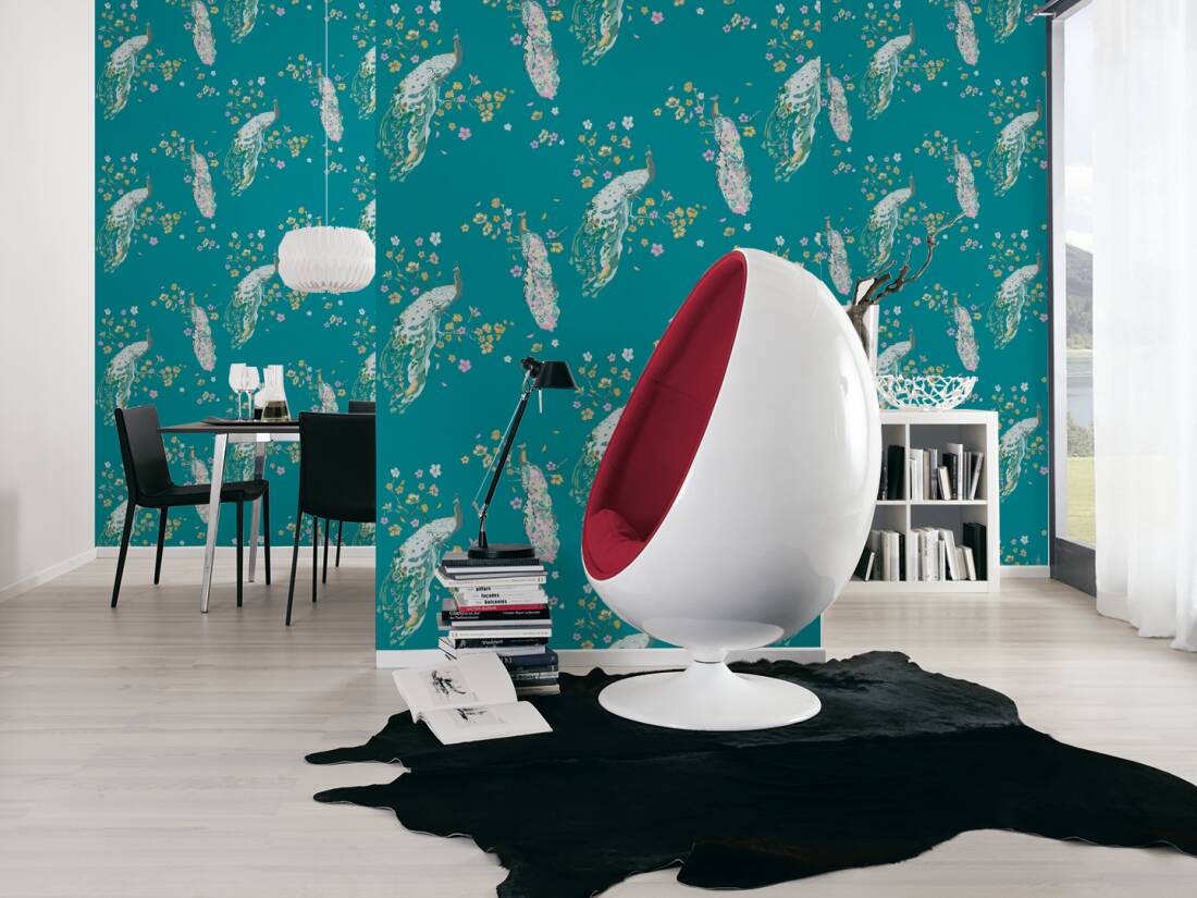 Majestic Peacock & Blossom Wallpaper - House of Turnowsky - Turquoise
