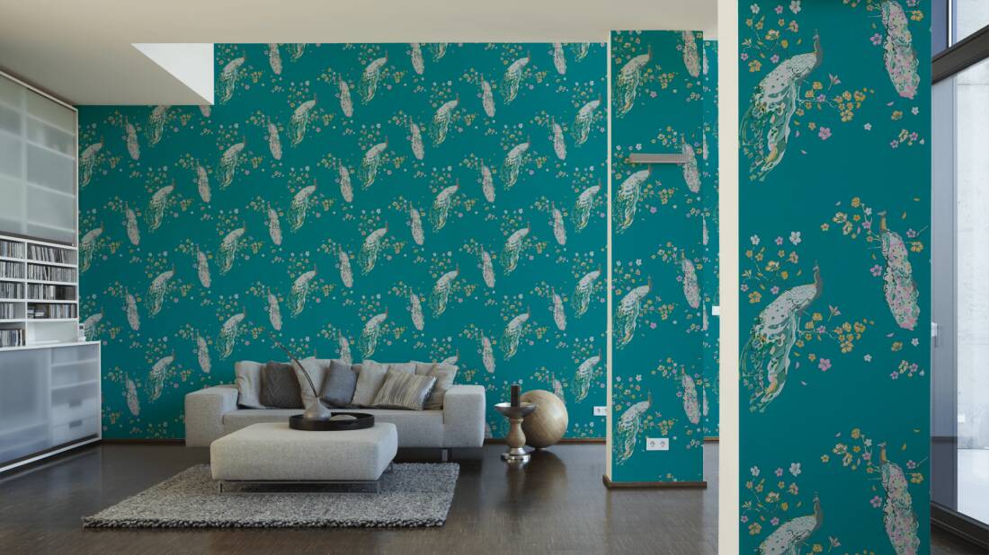 Majestic Peacock & Blossom Wallpaper - House of Turnowsky - Turquoise