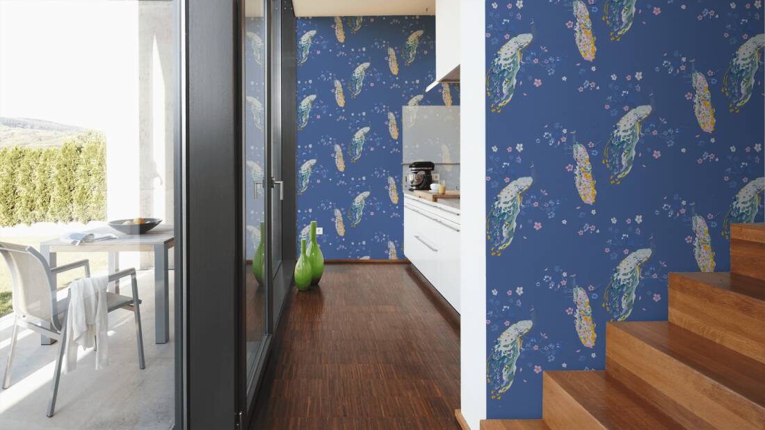 Majestic Peacock & Blossom Wallpaper - House of Turnowsky - Blue
