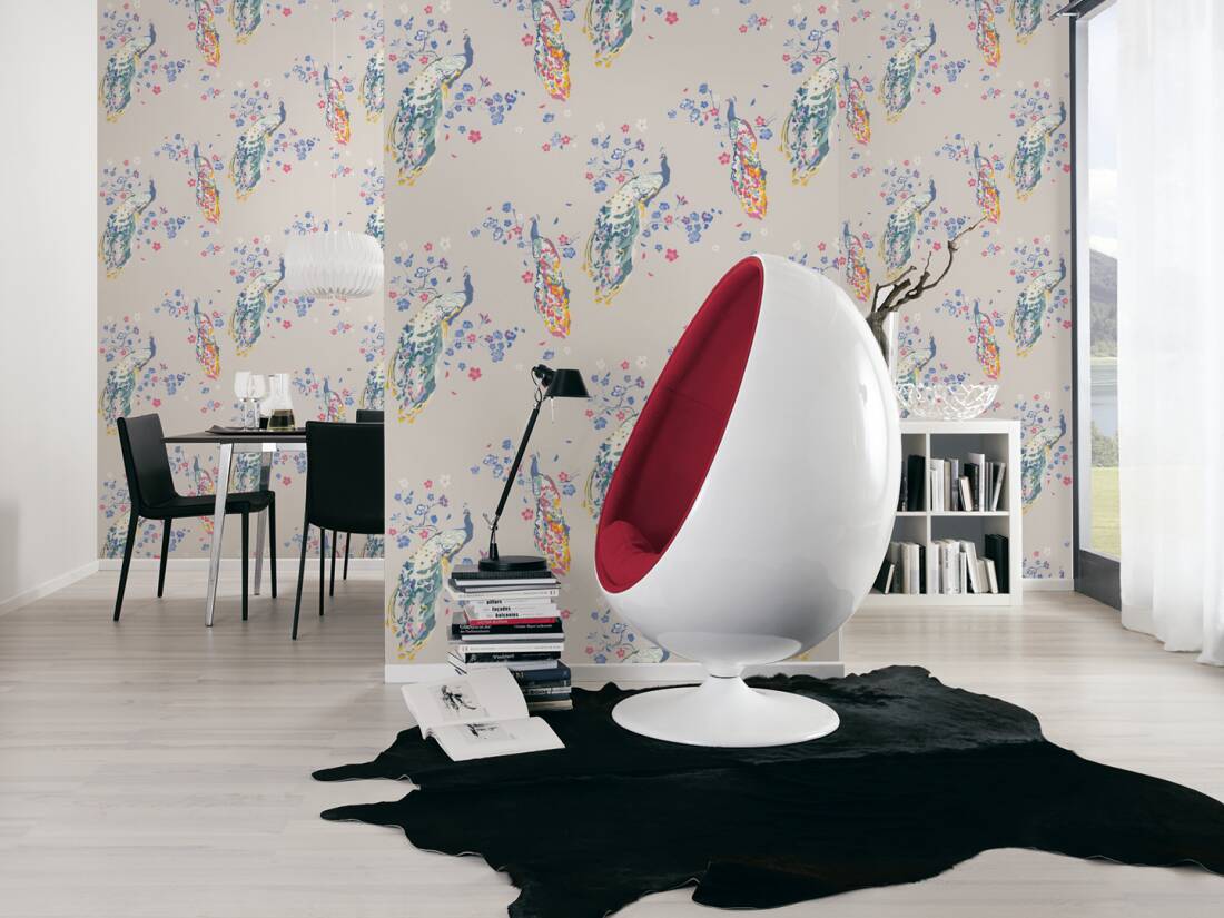 Majestic Peacock & Blossom Wallpaper - House of Turnowsky - Grey/Green