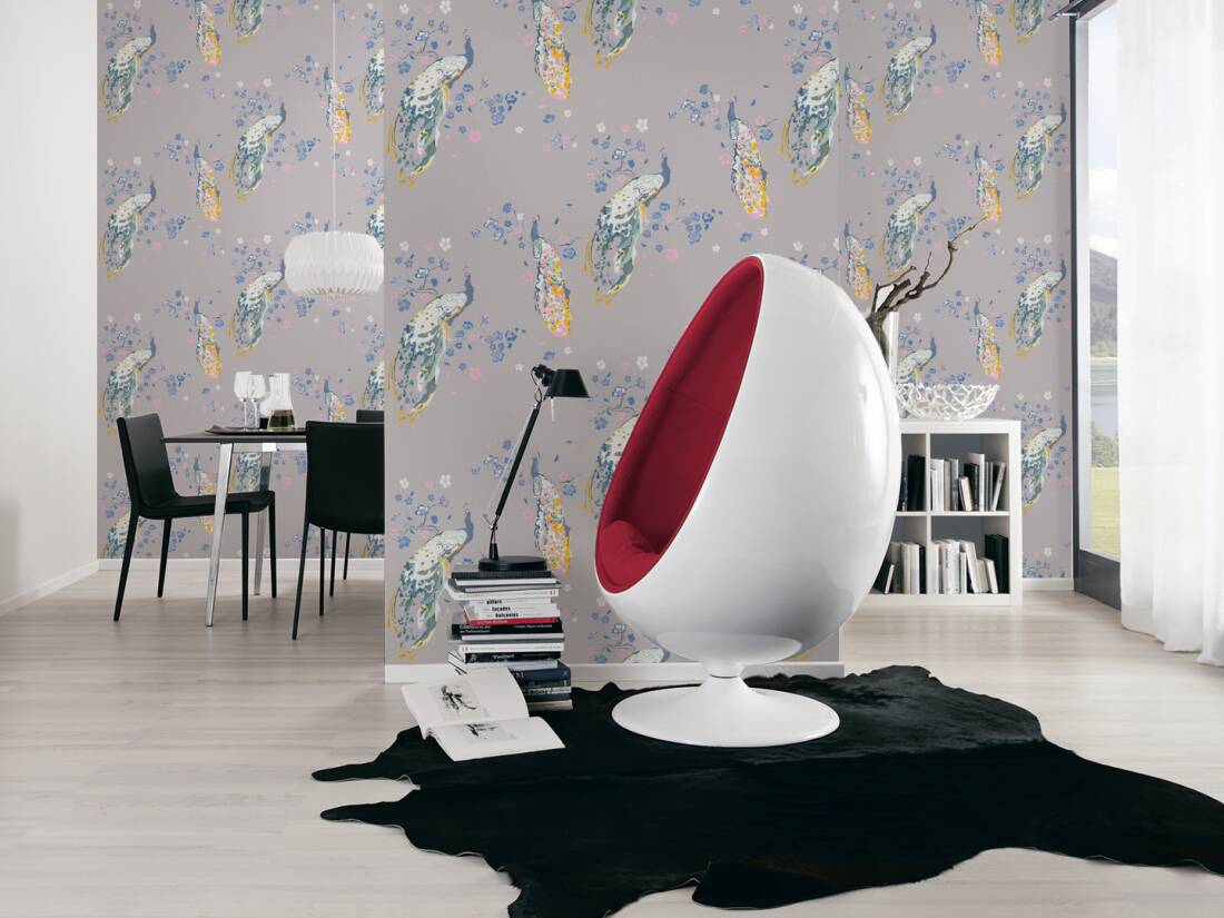 Majestic Peacock & Blossom Wallpaper - House of Turnowsky - Grey/Blue