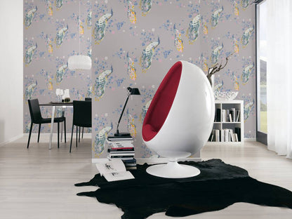 Majestic Peacock & Blossom Wallpaper - House of Turnowsky - Grey/Blue