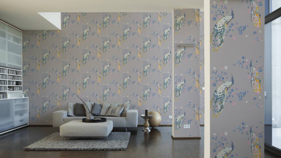 Majestic Peacock & Blossom Wallpaper - House of Turnowsky - Grey/Blue