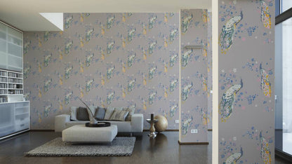 Majestic Peacock & Blossom Wallpaper - House of Turnowsky - Grey/Blue