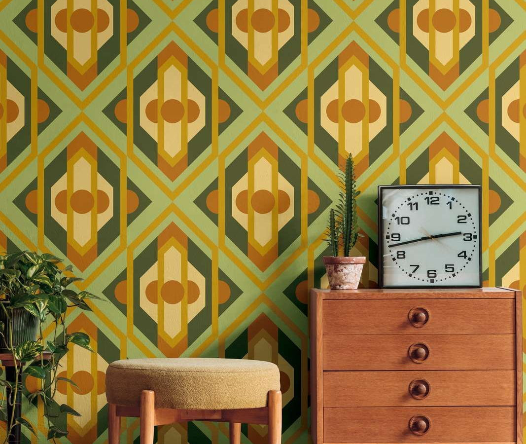 Vibrant Retro Fusion Wallpaper - Green/Orange