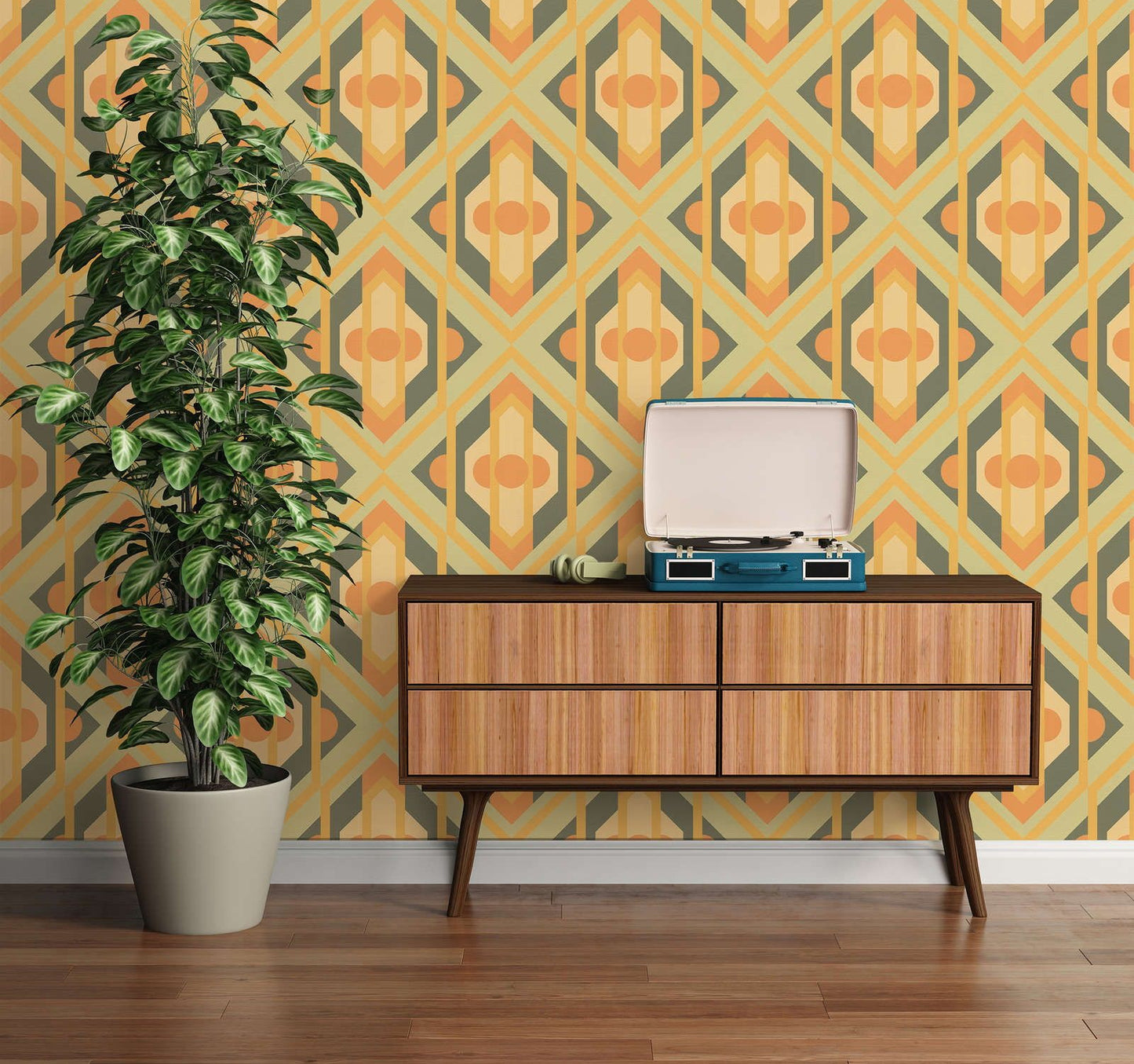 Vibrant Retro Fusion Wallpaper - Green/Orange