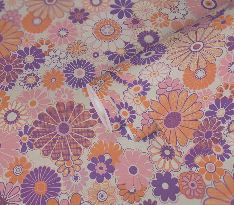Retro Flowers Wallpaper - Purple