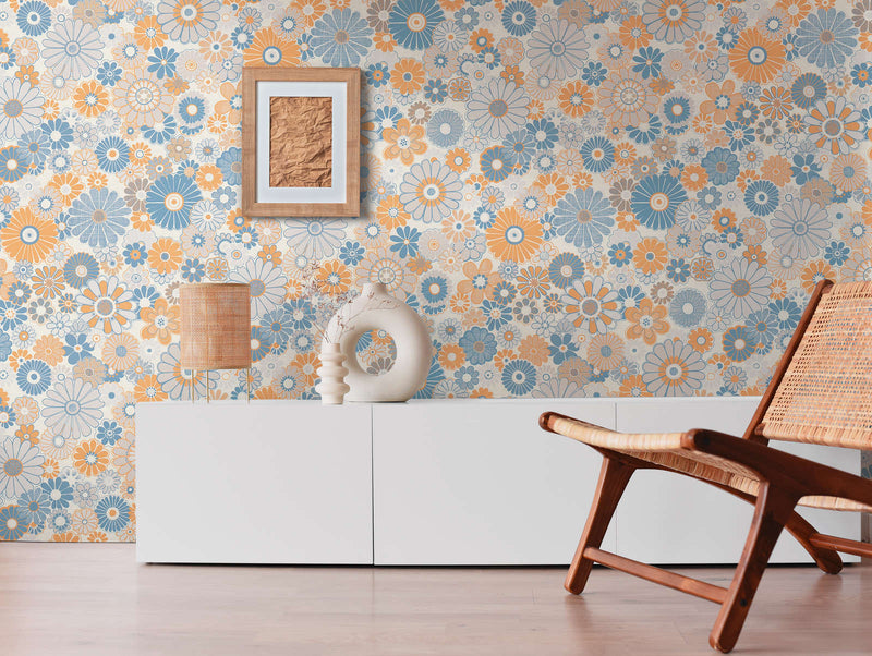 Retro Flowers Wallpaper - Blue