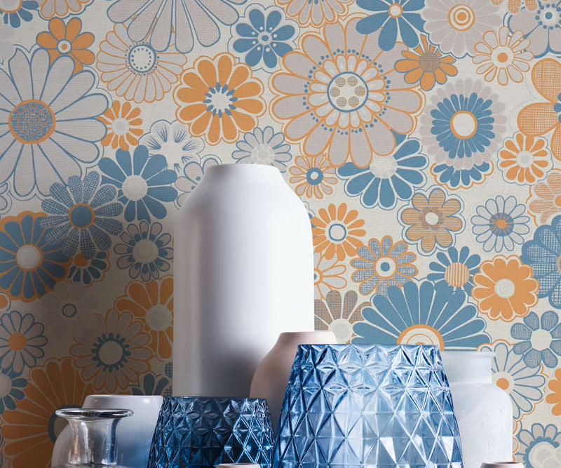 Retro Flowers Wallpaper - Blue