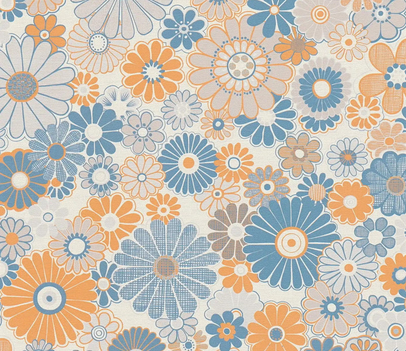 Sample - Retro Flowers Wallpaper - Blue