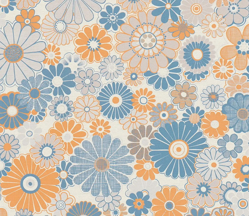 Retro Flowers Wallpaper - Blue