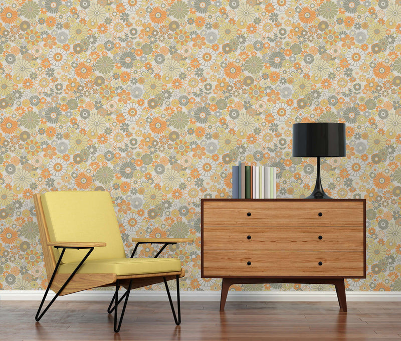 Retro Flowers Wallpaper - Cream