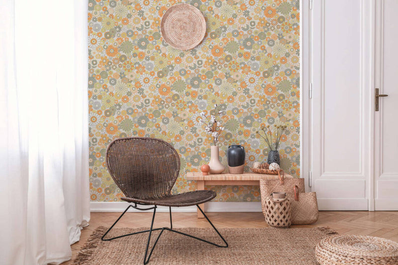 Retro Flowers Wallpaper - Cream