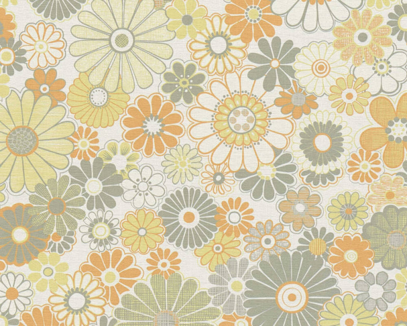 Retro Flowers Wallpaper - Cream