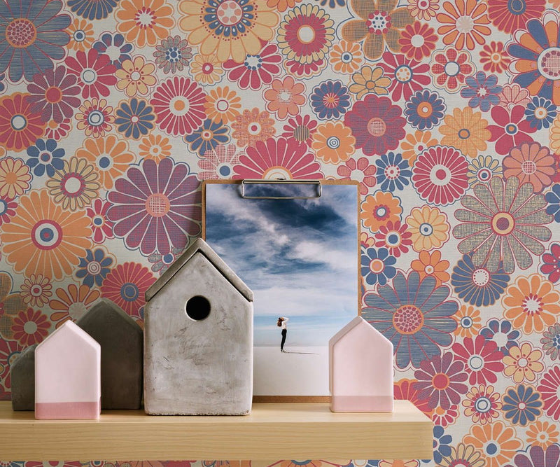 Retro Flowers Wallpaper - Pink