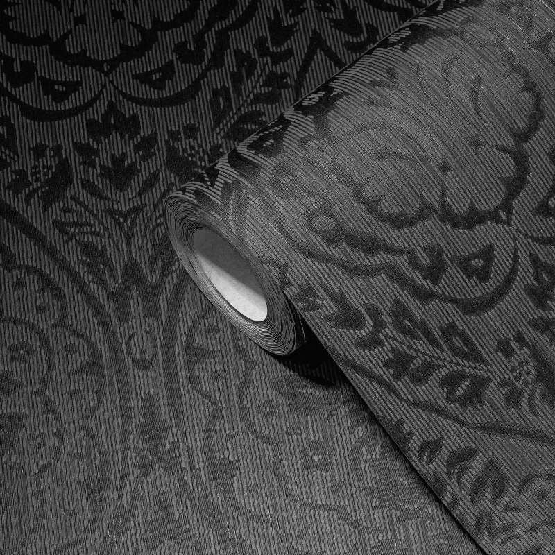 Textured Damask Textured Wallpaper - Grey/Black