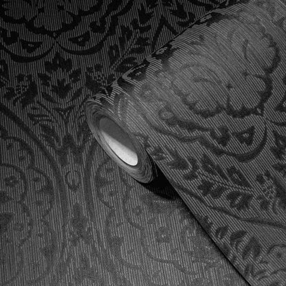 Textured Damask Textured Wallpaper - Grey/Black