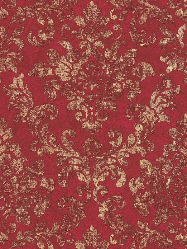 Sample - Baroque Damask Wallpaper - Red/Gold