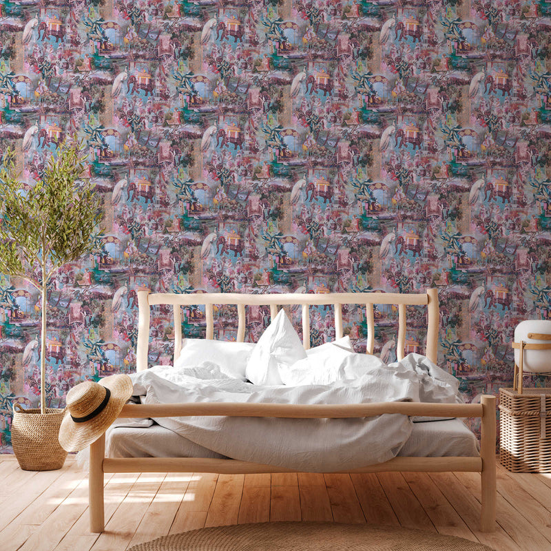 Elephant Parade – Vintage Wallpaper –  Azure