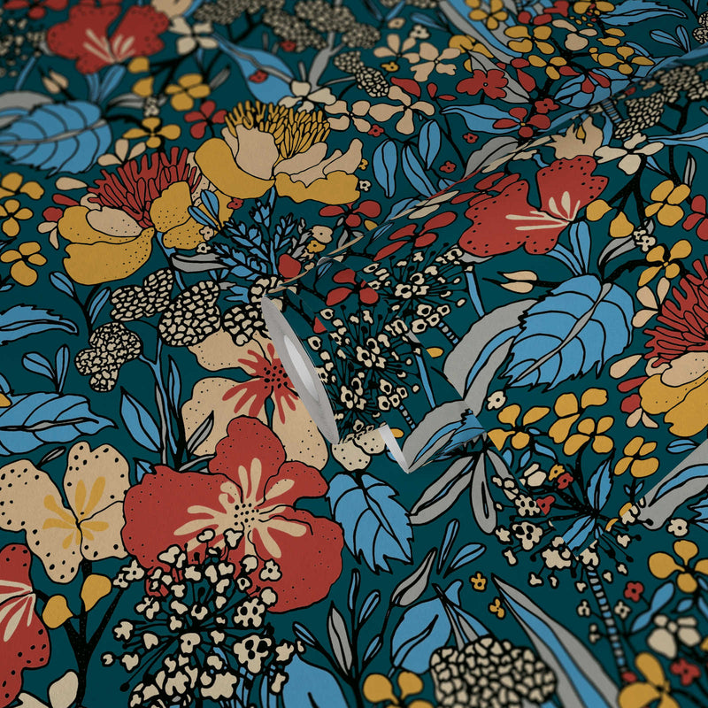 Floral Impression Wallpaper - Blue + Yellow