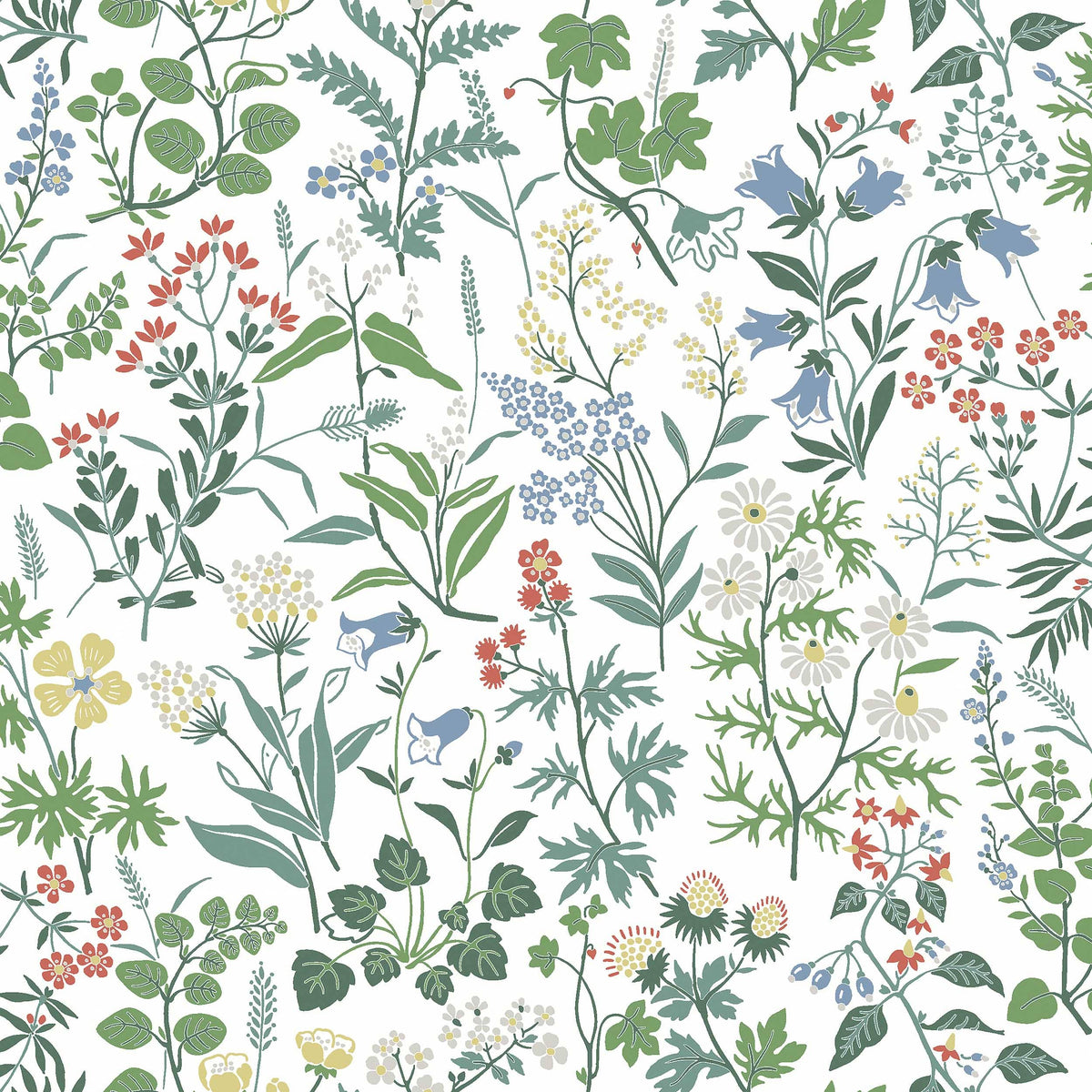 Flora wallpaper sample, White colourway — close-up of pattern