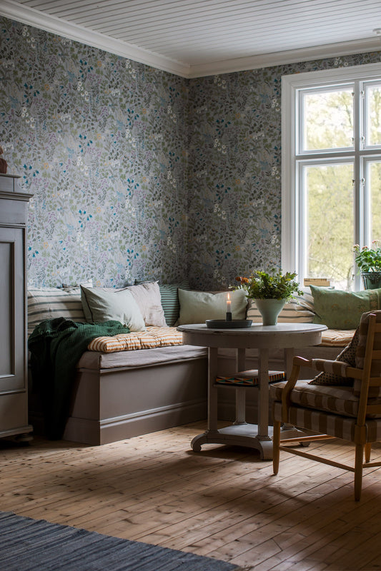 Flora wallpaper in Blue-Grey in a dining area