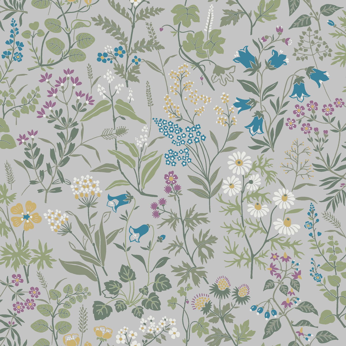 Flora wallpaper sample, Blue-Grey colourway — close-up of pattern