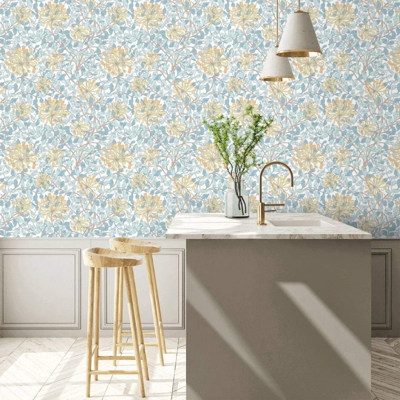 Honeysuckle Leaf Trail Wallpaper - Ohpopsi - Soft Blue