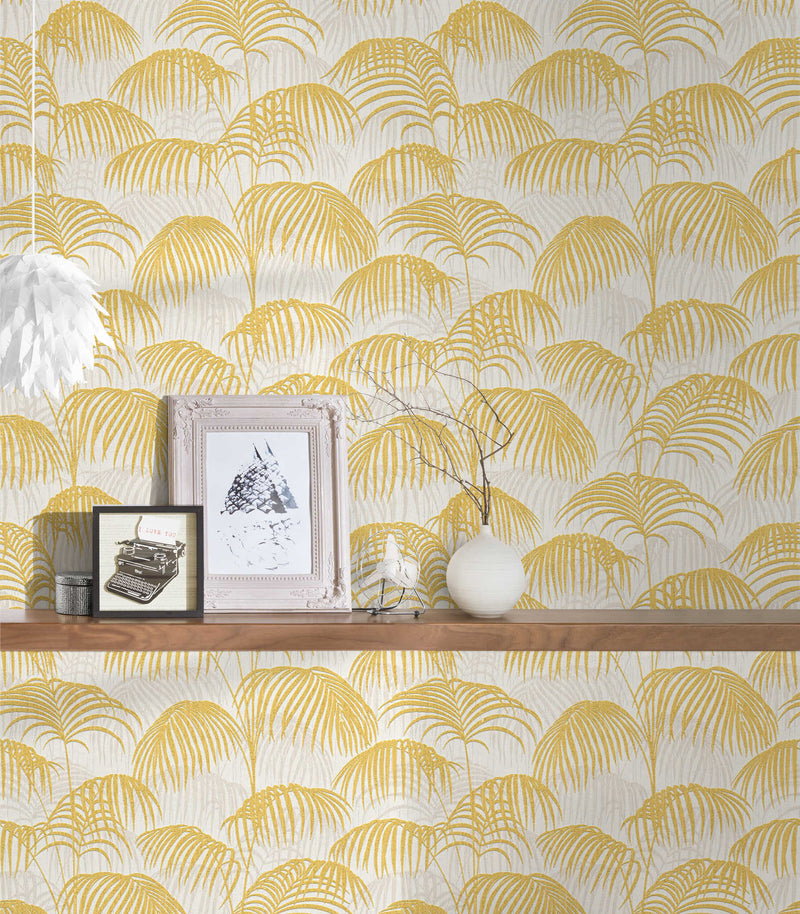 Textured Palm Silk Wallpaper - Yellow and White