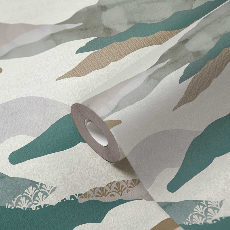 Graphic Wave and Palm Wallpaper - Taupe/Dusty Pink/Blue