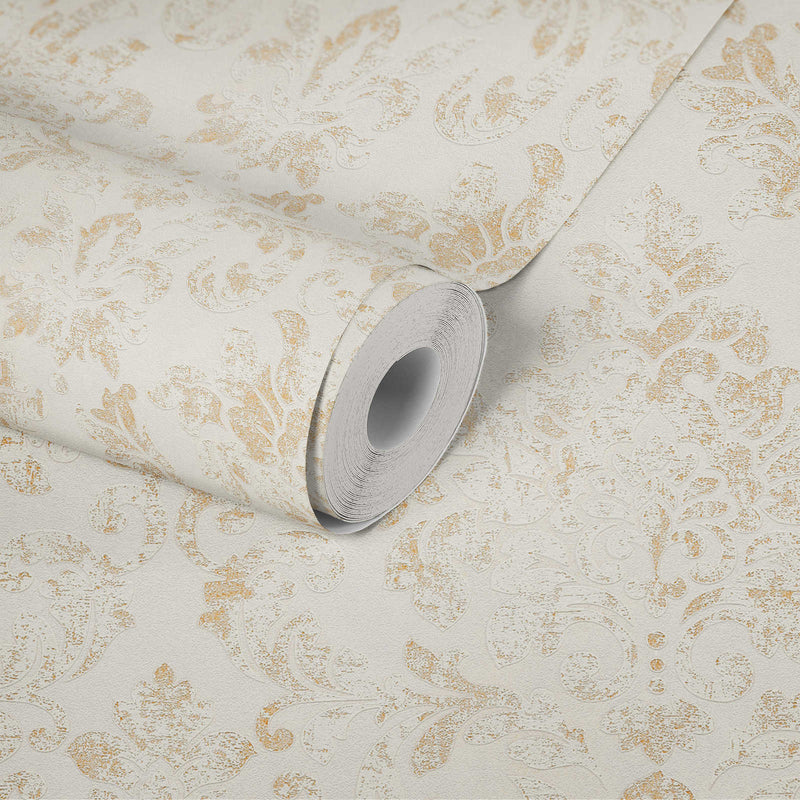 Baroque Damask Wallpaper - Beige + Gold