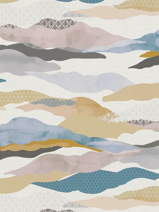 Graphic Wave and Palm Wallpaper - Blue/Pink/Beige