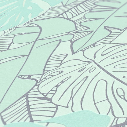 Metallic Monstera Fronds Wallpaper - House of Turnowsky - Turquoise