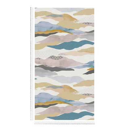 Graphic Wave and Palm Wallpaper - Blue/Pink/Beige