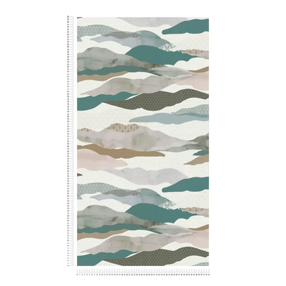 Graphic Wave and Palm Wallpaper - Taupe/Dusty Pink/Blue