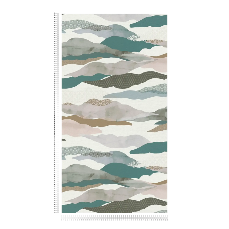 Graphic Wave and Palm Wallpaper - Taupe/Dusty Pink/Blue
