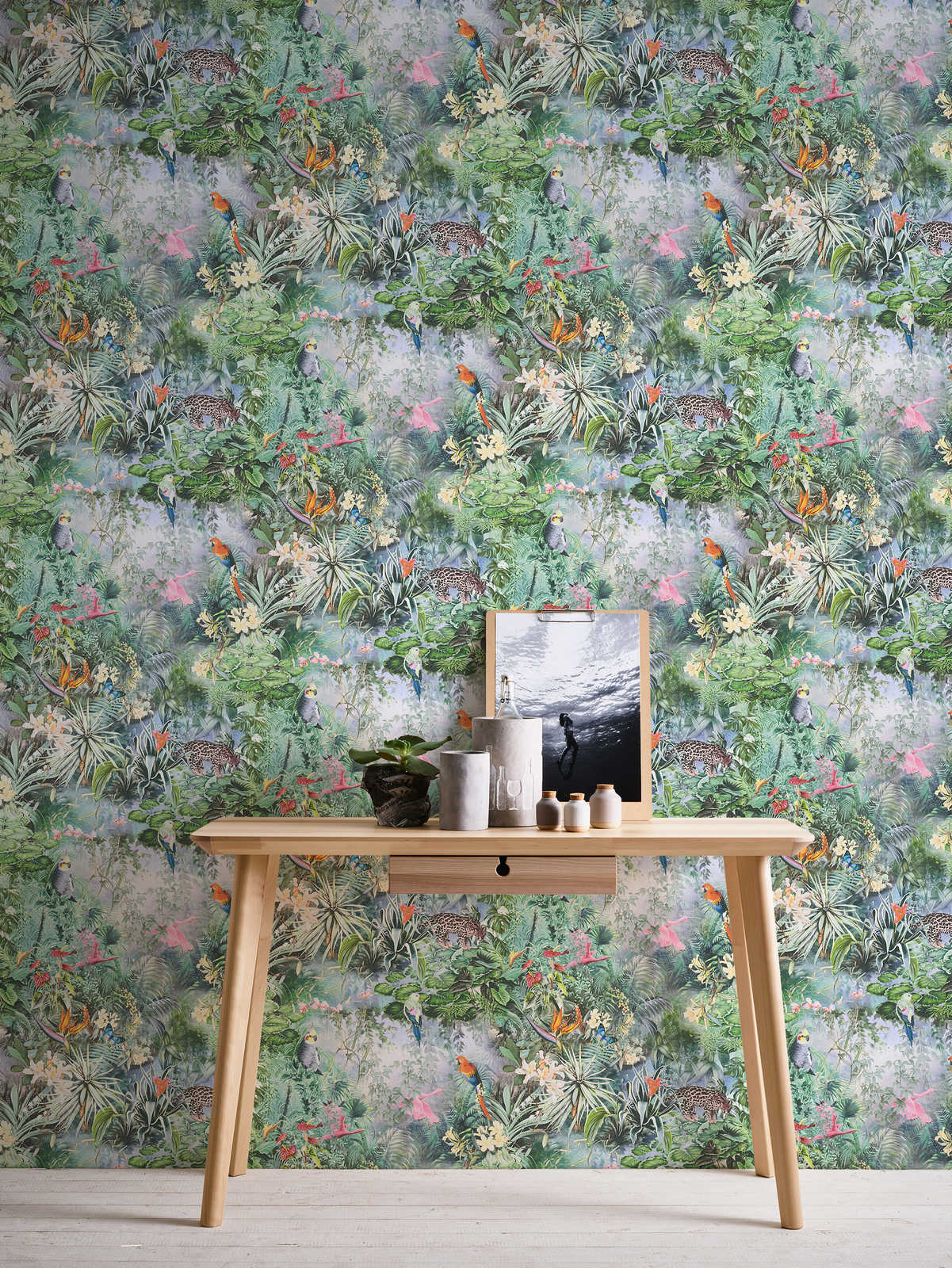 Botanical Elegance – Tropical Parrot Wallpaper – Powder Blue